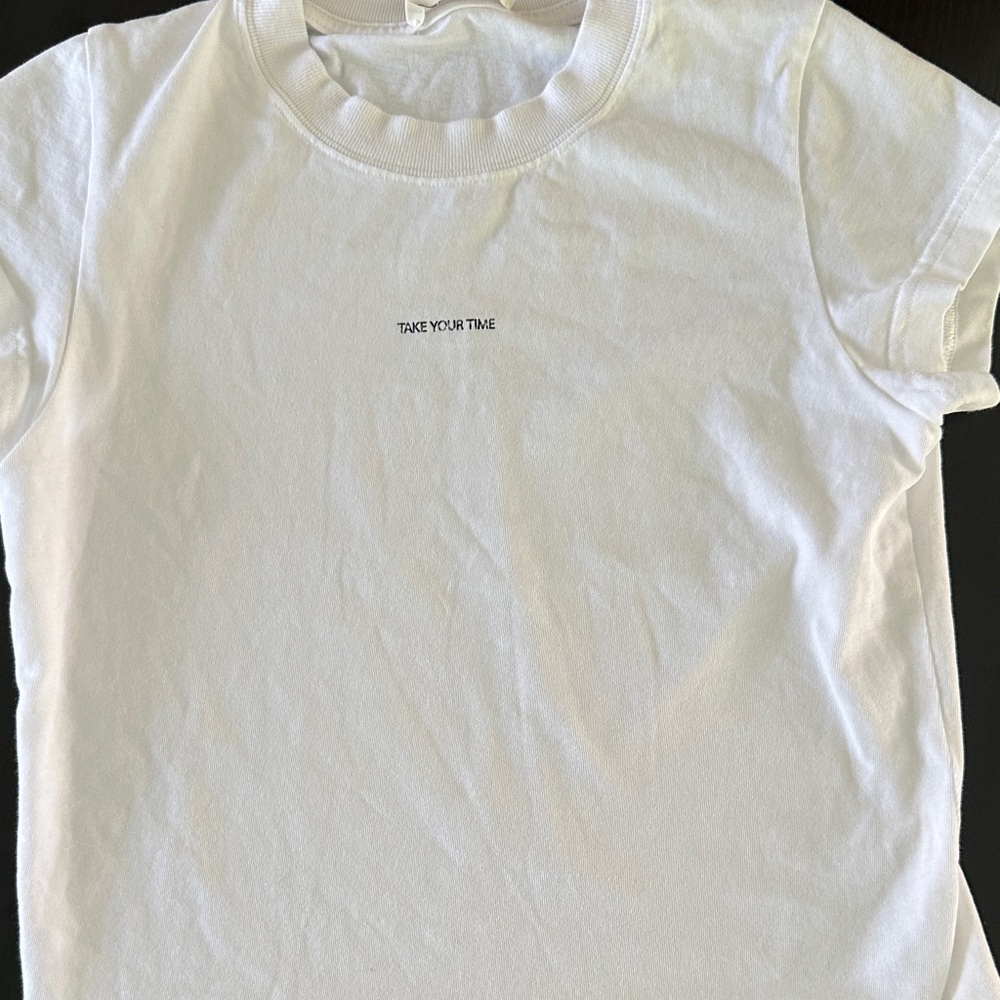 Chicjoc White Short Sleeve Tee with 'Take Your Time' Chest Text graphic